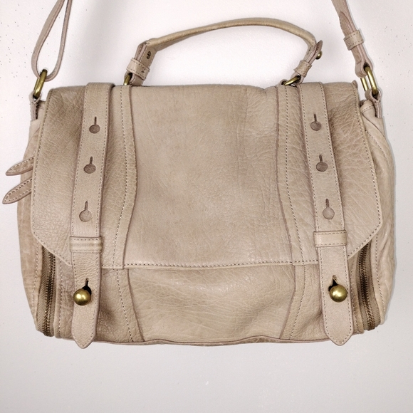 🎉HP🎉 Olivia Harris by Joy Gryson Taupe/Grey Leather Messenger Aged w/ Brass HW - Picture 3 of 16